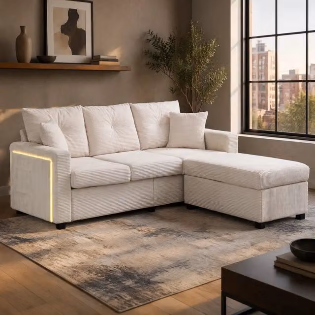 Divano angolare 184x84,5x85,5 cm in tessuto beige con LED e pouf, per spazi piccoli –