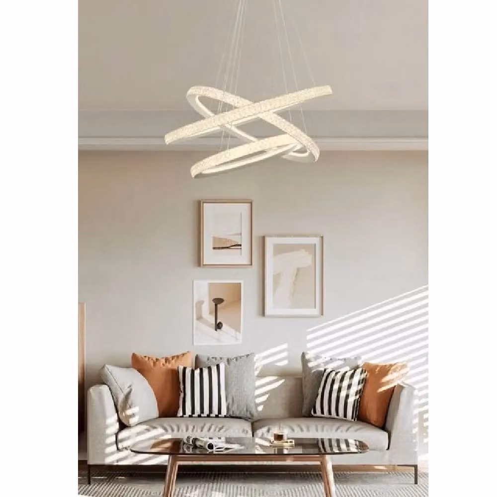 Trade Shop Lampadario LED Moderno Bianco con 3 Anelli e Cristalli, Regolabile, 132 W – 2