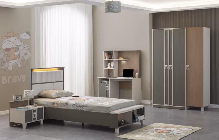 Garnitur Kinderzimmer Bett Kinderbett Kindermöbel Grau Holz Set 4tlg