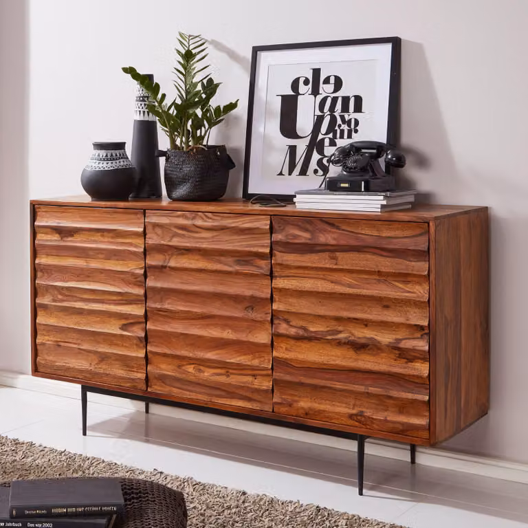 FineBuy Credenza in legno massiccio di Sheesham da 150 cm con 3 ante - Solida cassettiera retrò con sensazione 3D - Credenza naturale di design - Realizzata a mano - Industrial