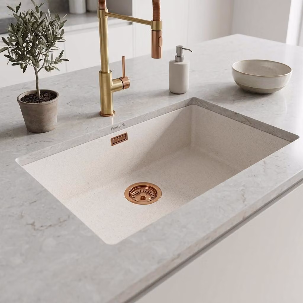 Lavello da cucina 70x40 cm, colore sabbia, da incasso, con miscelatore esterno in ottone spazzolato modello "Pure.Sink"