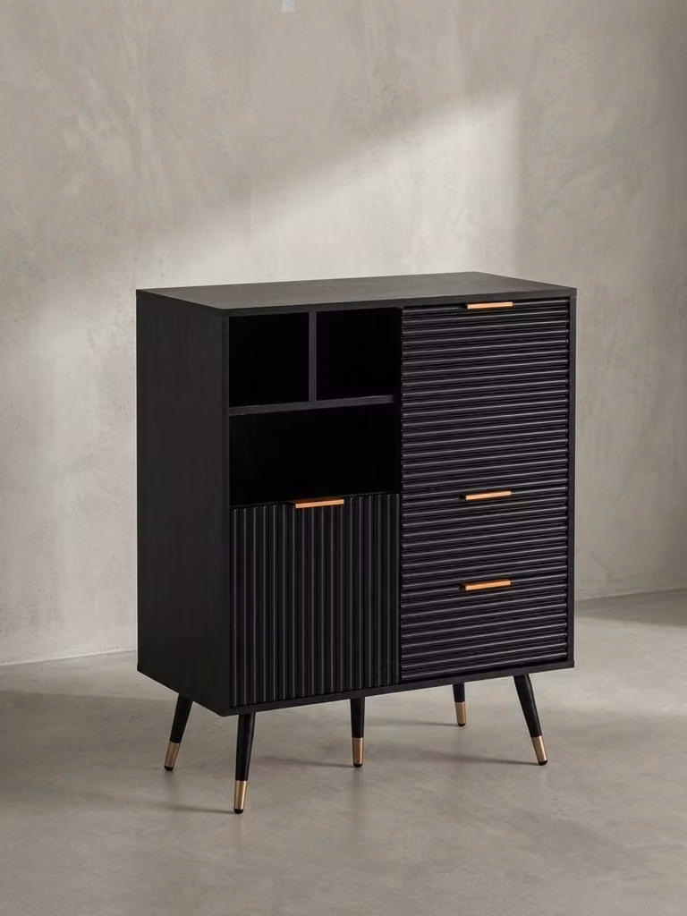Credenza 77x97x40 cm Credenza nera con decorazione in rovere, cassettiera con ante e cassetti, cassettiera Armadio da ingresso con ripiano Moderno, armadio a colonna per soggiorno con gambe in metallo