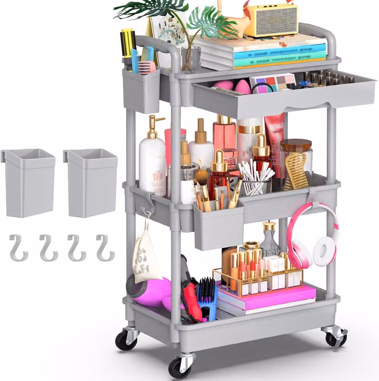 Carrello portaoggetti a 3 ripiani, con cassetto, piani in plastica, ruote bloccabili, colore grigio, per la cucina