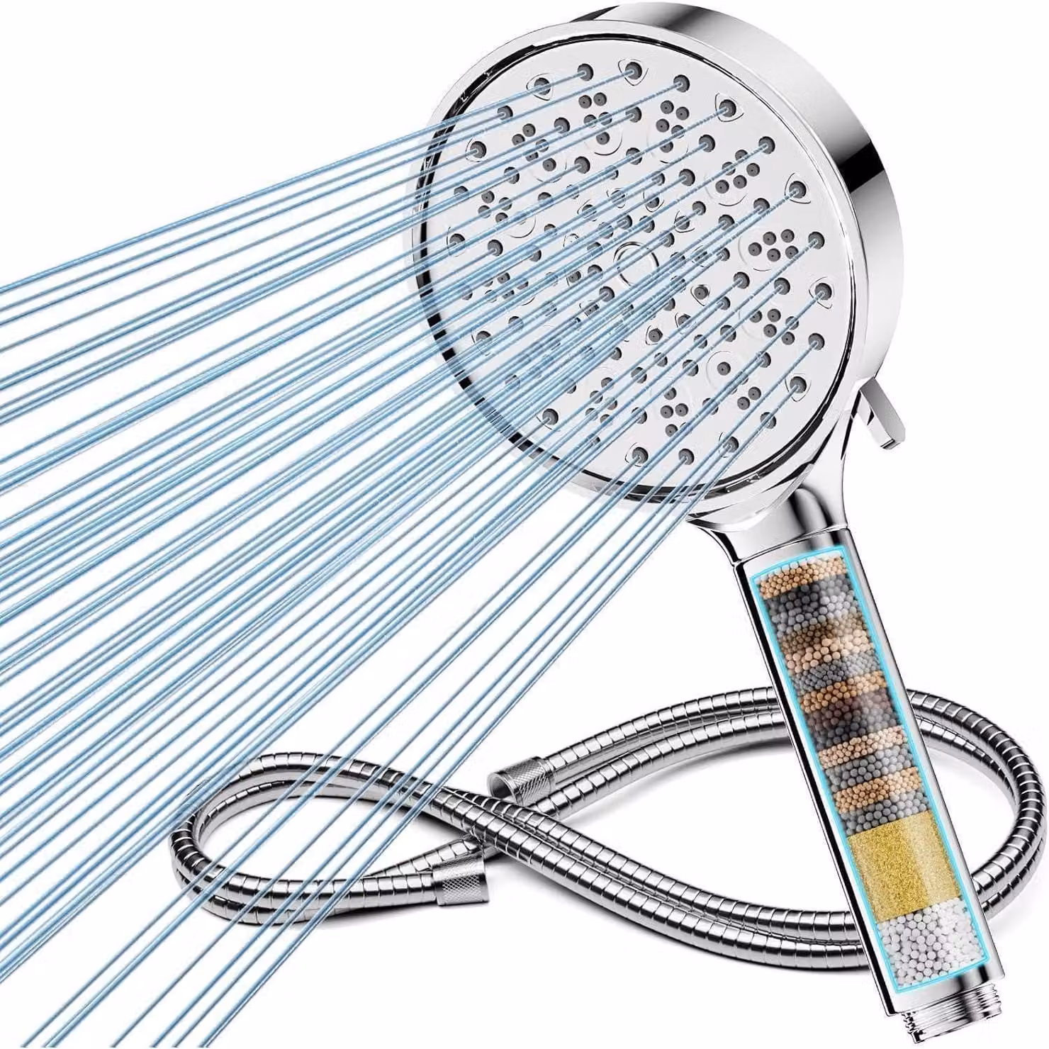 Doccia con flessibile, soffione ad alta pressione con 6 diverse modalità di getto, a risparmio idrico, con filtro anticalcare, cromato