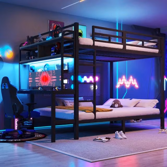 Letto a castello 140x200 cm in metallo e MDF; con scrivania; ripiani; LED e USB; nero