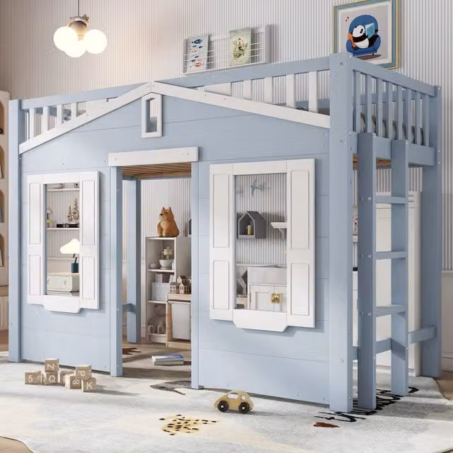 Desviae Letto a soppalco per bambini 90 × 200 cm con scala reversibile in legno, MDF e compensato blu