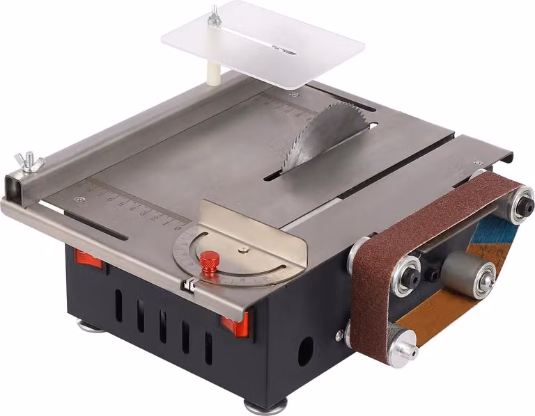 Mini sega circolare da tavolo e levigatrice a nastro - Set multifunzione - Per la lavorazione del legno - Per artigianato e fai da te - Versione da tavolo compatta