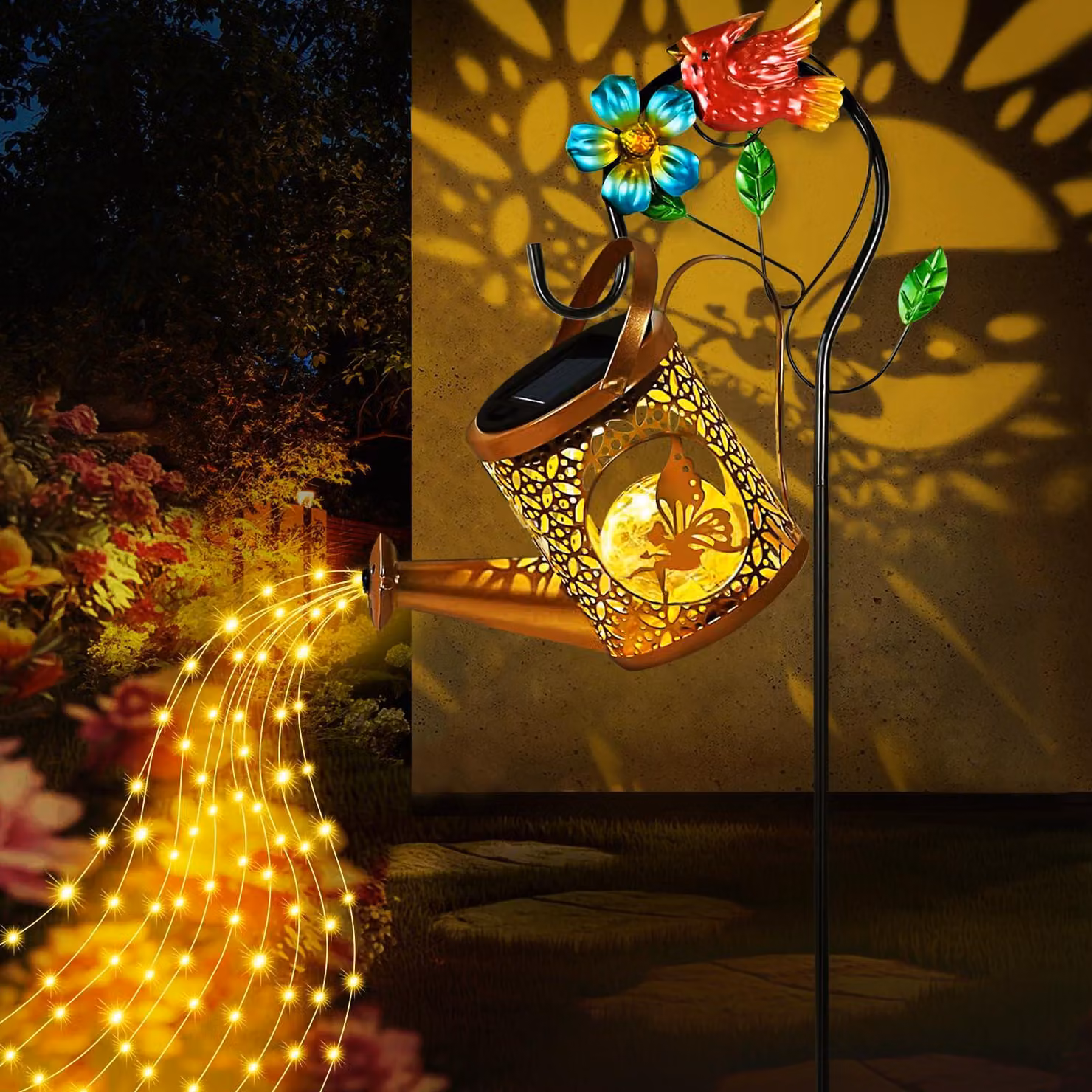 Annaffiatoio solare con catena luminosa a LED, decorazione da giardino, bronzo, grado di protezione IP65
