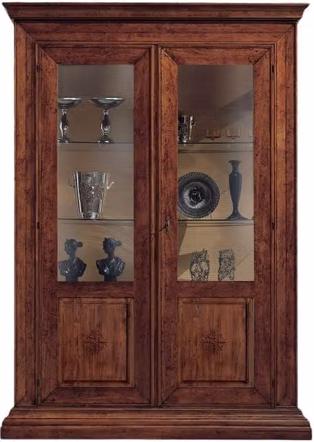 Vetrina classica con 2 ante in vetro e legno noce bassano intarsiata floreale Mobili 2G L/P/H: 154 x 50 x 214 cm