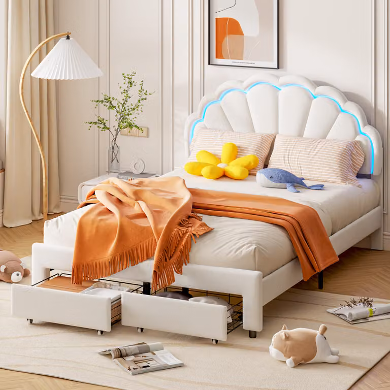Letto imbottito CDGlobal 140x200cm, letto matrimoniale funzionale con illuminazione a LED e 2 cassetti, struttura letto con rete a doghe e testiera, lino, stile classico, letto per ragazzi, bianco