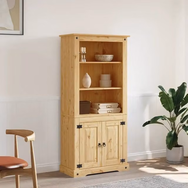 Credenza in legno di pino stile rustico vidaXL con ante a battente e ripiani interni, marrone e nero, L: 80 cm, P: 40 cm, H: 170 cm – 1