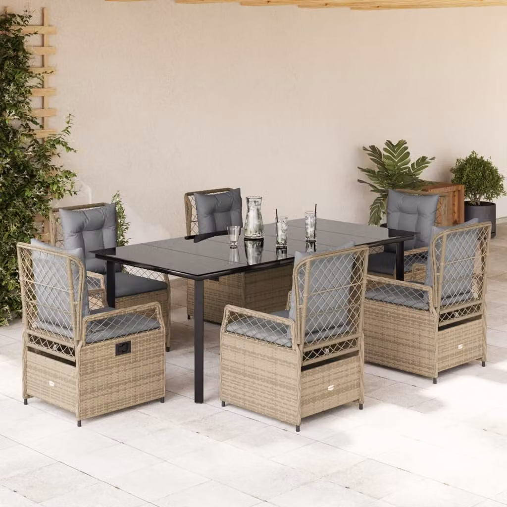 Set da Pranzo da Giardino vidaXL in Polyrattan con Cuscini Beige e Tavolo in Vetro, 7 Pezzi – 1