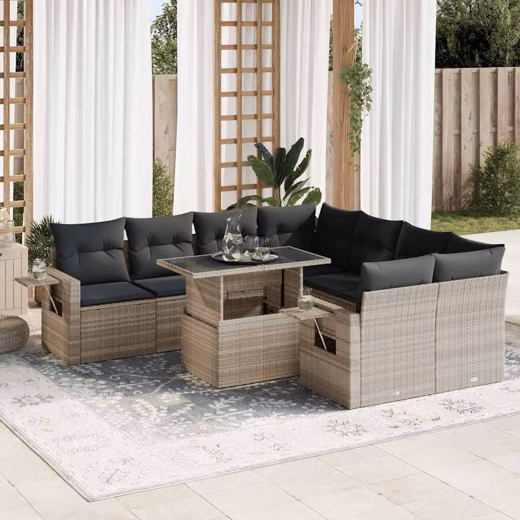 Maison Exclusive - Set da giardino 9 pezzi con cuscini Grigio chiaro Poly Rattan