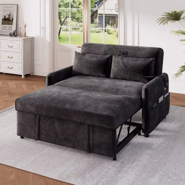 Divano letto estraibile 2 posti con schienale regolabile USB portatelefono tasche laterali e cuscini in ciniglia grigio