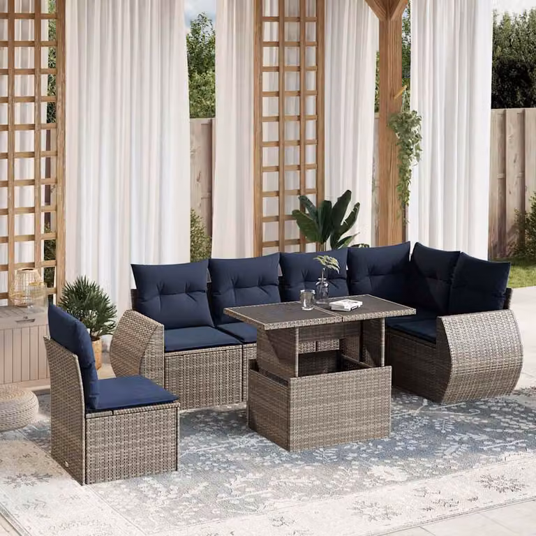 Set da giardino vidaXL in polyrattan grigio composto da 7 pezzi con cuscini inclusi