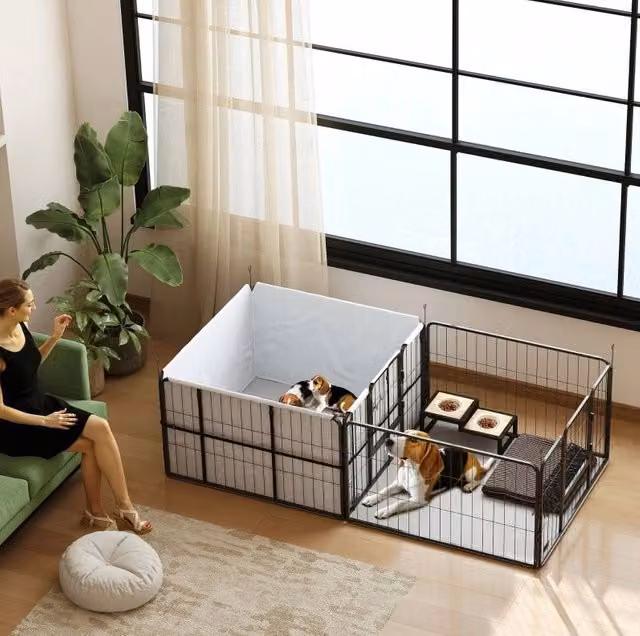 Box per Cuccioli con 7 Pannelli, 2 Sezioni, Tappetino Lavabile 203x102x60 cm Nero
