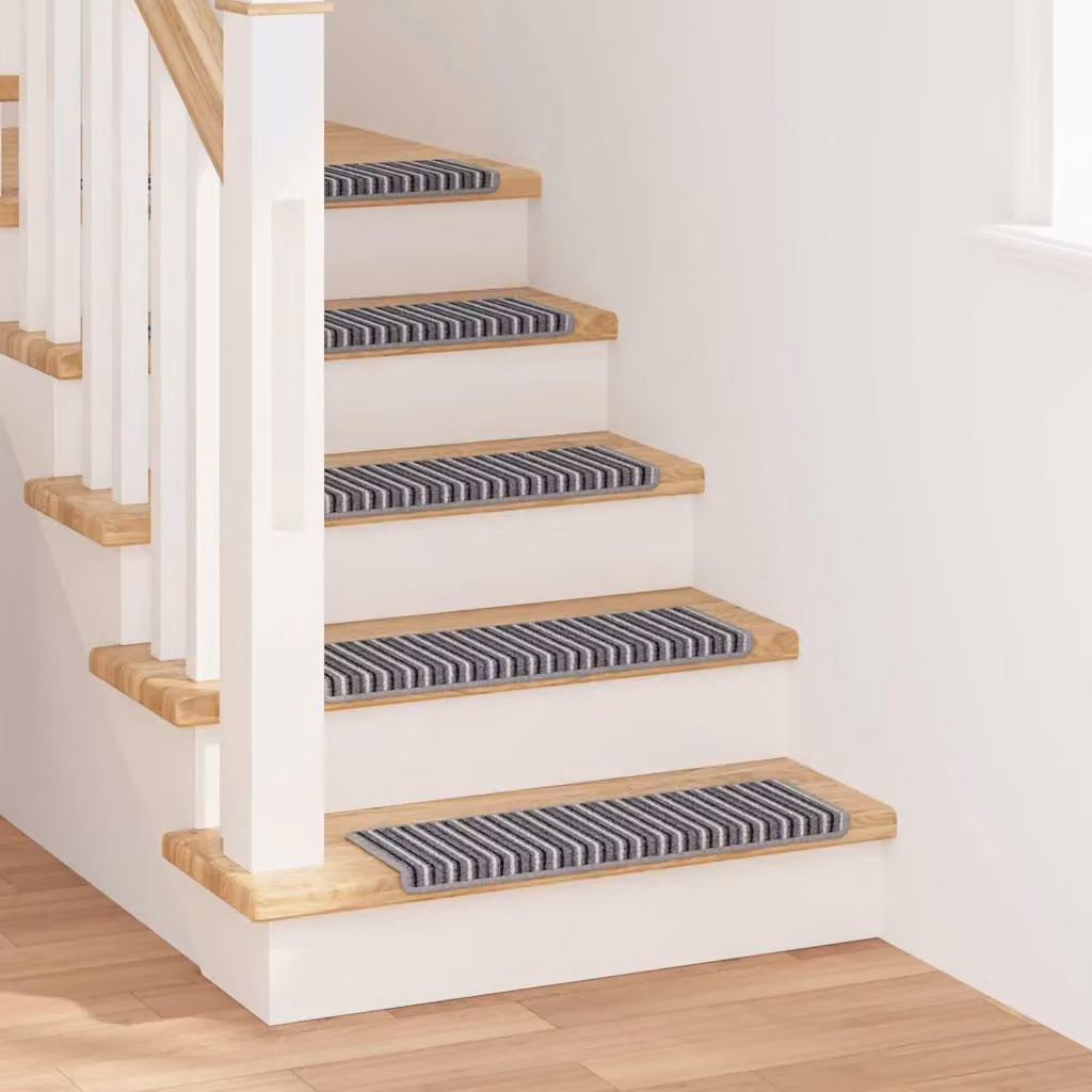 Set di 15 tappetini autoadesivi per scale vidaXL, antiscivolo e fonoassorbenti, modello a righe moderno, colore grigio, L 65 x P 21 x H 4 cm