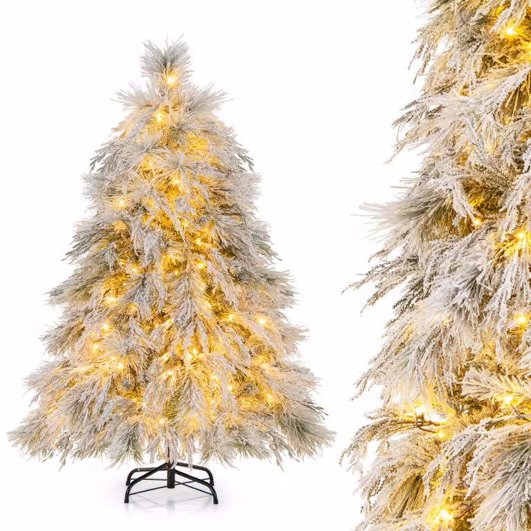 COSTWAY Albero di Natale artificiale con neve, albero di Natale con luci LED bianche calde e 279 punte di rami, albero di Natale con supporto in metallo, albero artificiale per decorazione festiva per interni esterni (150 cm)