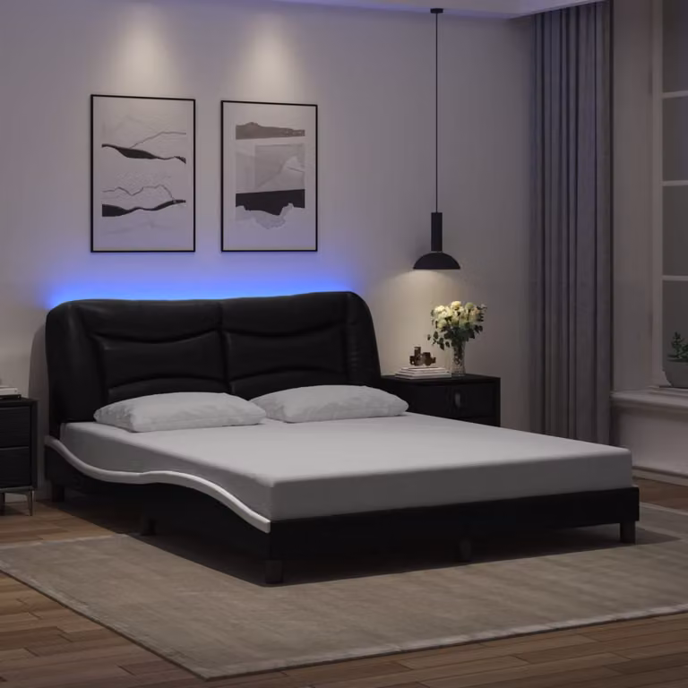 vidaXL Giroletto Hvar Moderno con LED e Porta USB, Nero e Bianco, L: 160 cm, P: 200 cm, H: 74,5 cm