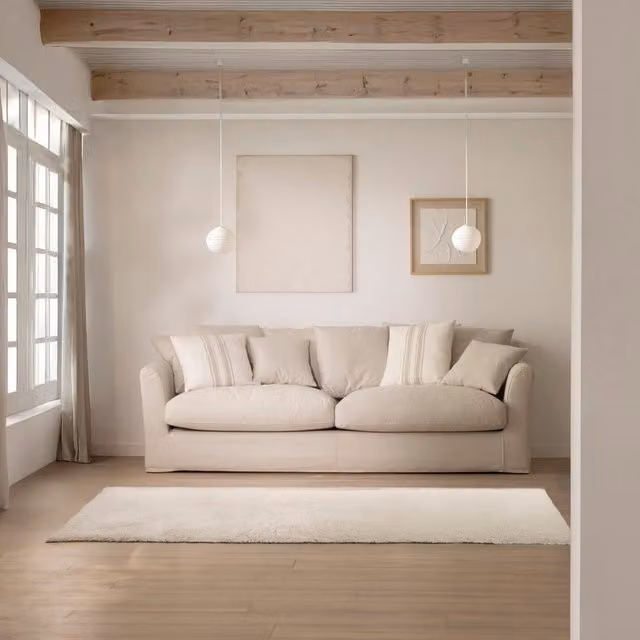 Divano Yulia a 2 posti Banak in tessuto beige con struttura in legno e cuscini inclusi