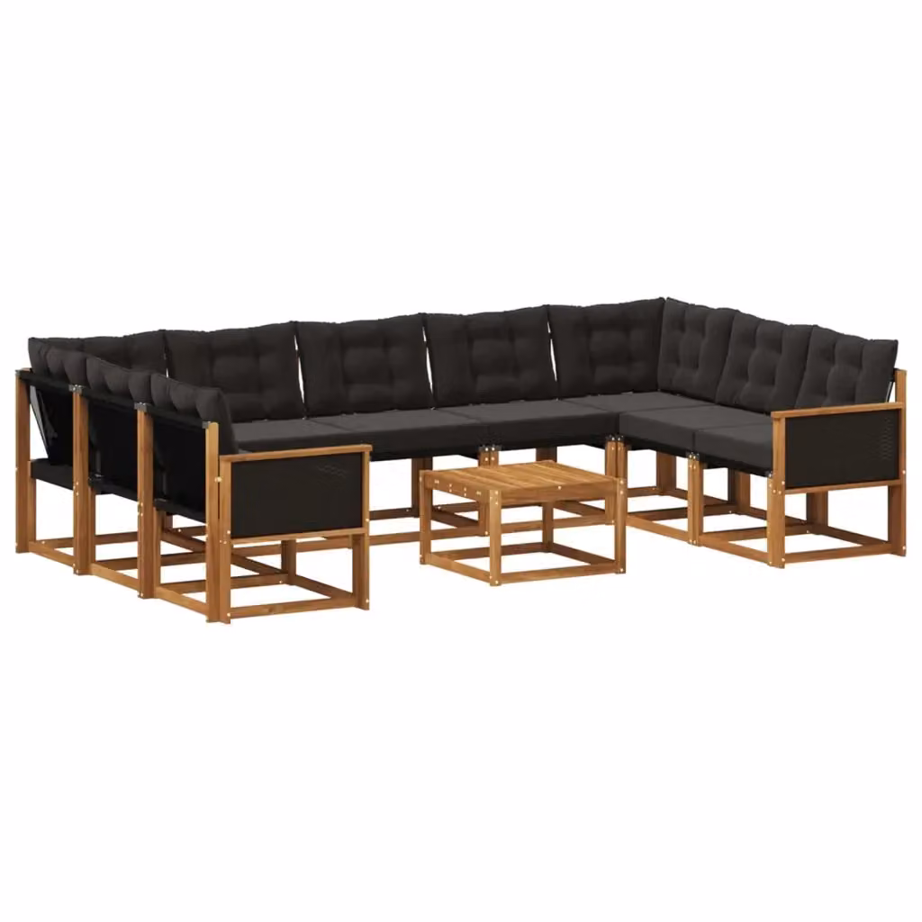 Set di divani da esterno a forma di U vidaXL in legno di acacia con tavolino da caffè e cuscini, colore marrone e nero – 2