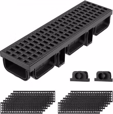 Set da 12 pezzi di canalette di drenaggio lineari VEVOR in plastica nera con griglie e tappi terminali, L/P/H: 51 x 14 x 9 cm
