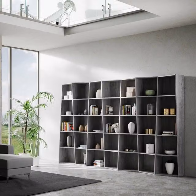 Libreria Moderna Trek con 5 Ripiani e 7 Elementi in Colore Grigio Cemento GIORDANOSHOP H 200 x L 35 x P 5 cm