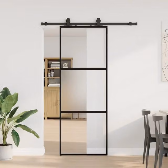 Porta Scorrevole Moderna vidaXL in Vetro Trasparente con Ferramenta Nera L: 76 cm, H: 205 cm