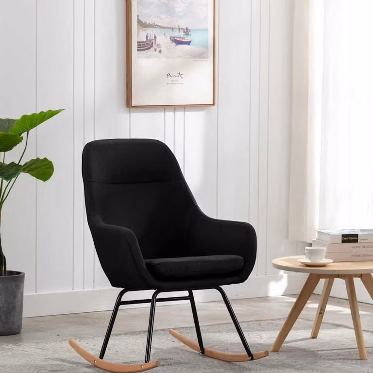 Sedia a dondolo vidaXL in tessuto nero e legno di faggio per giardino e soggiorno, H 110 cm x L 80,5 cm x P 89 cm