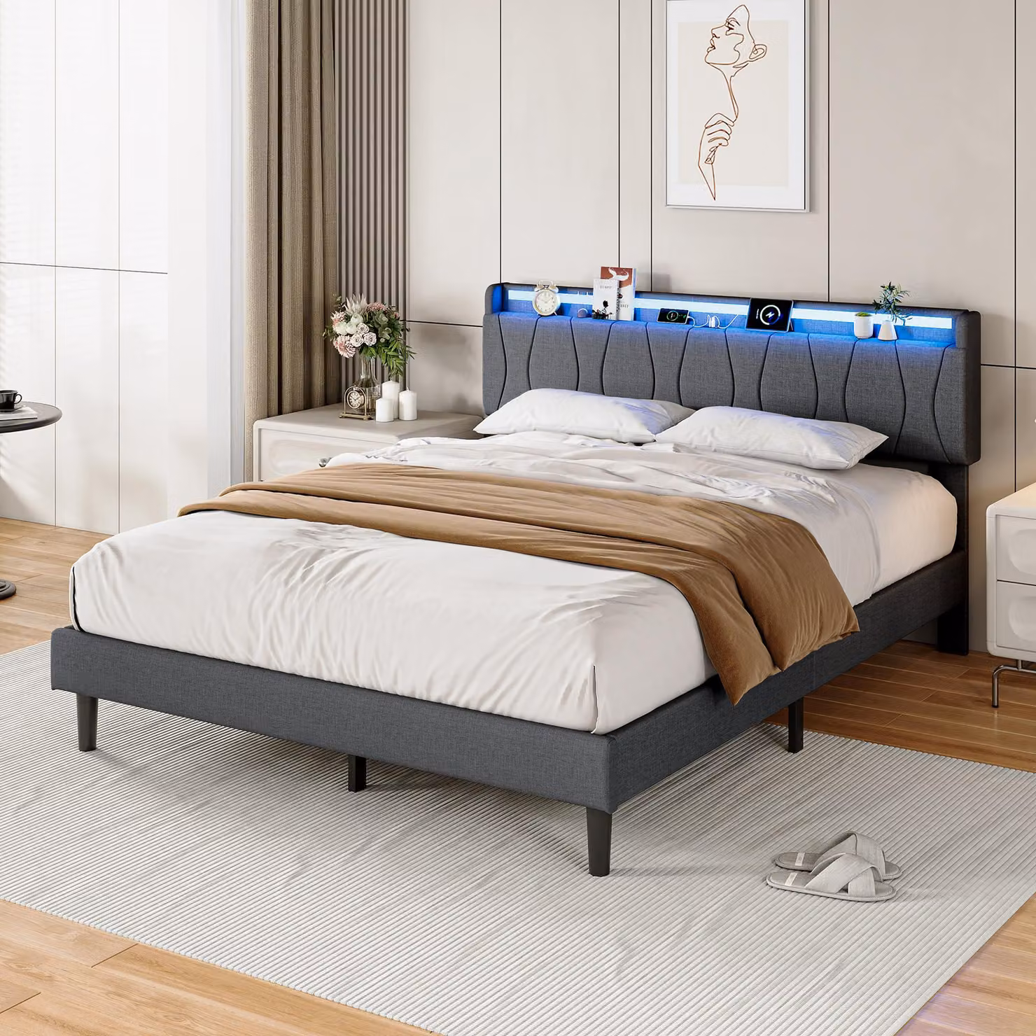 Letto imbottito 140x200 cm con illuminazione LED, 2 porte USB e una porta USB-C, rete a listelli, testiera imbottita, rivestito in lino grigio, con un'altezza da terra di 18 cm, senza materasso