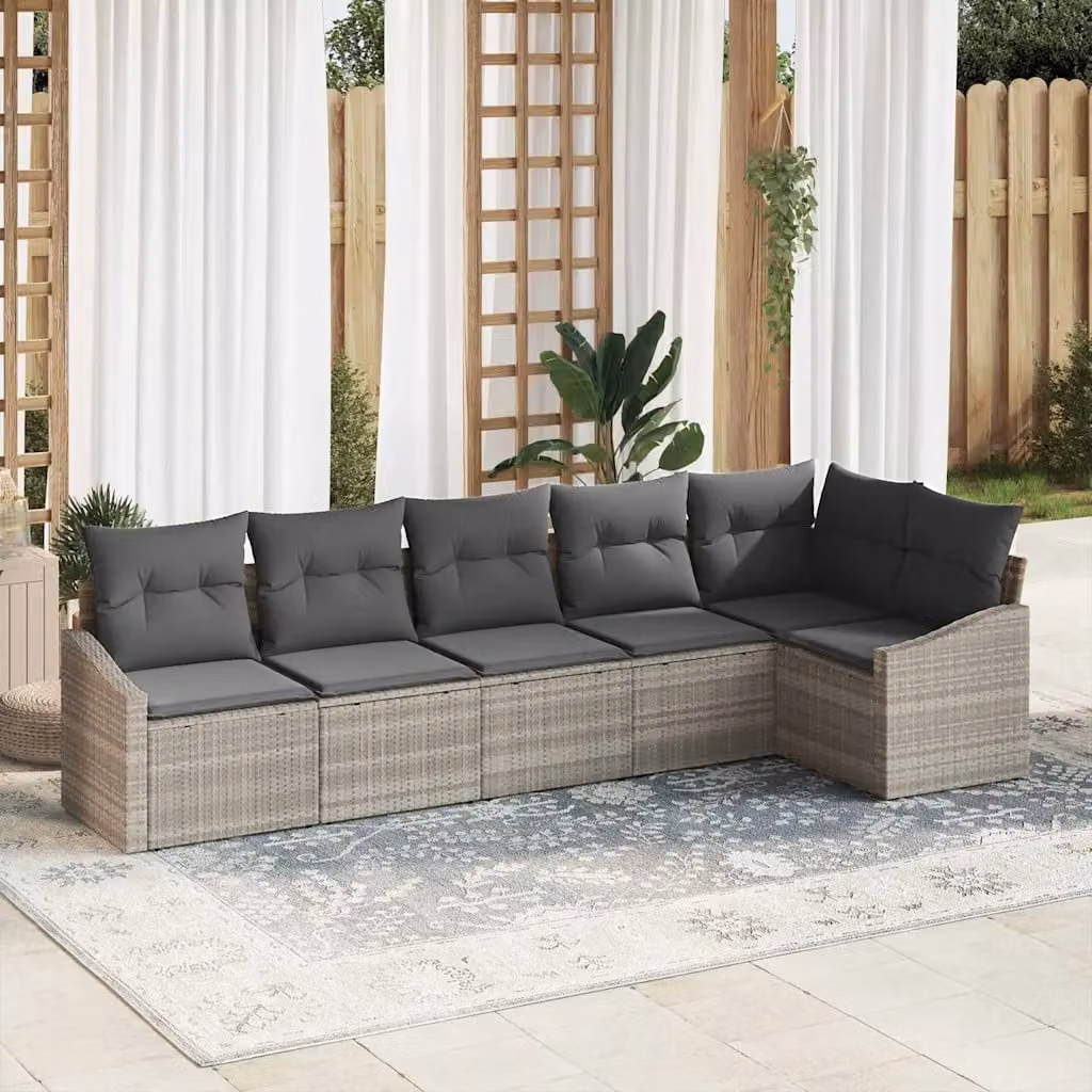 Set di divani da giardino vidaXL 6 pezzi in rattan grigio con cuscini e tavolino – 1