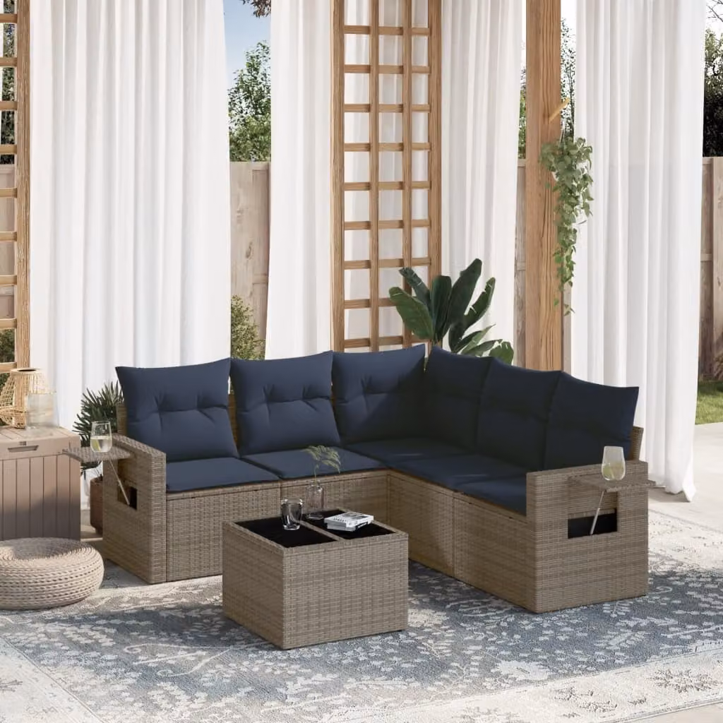 Set di divani da giardino vidaXL in polyrattan grigio con cuscini e tavolino da esterno a forma di L per 6 persone