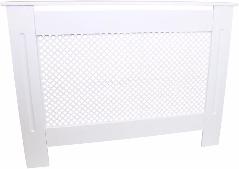 Copertura per radiatore, design a griglia, 1115 mm, MDF verniciato di bianco, per radiatori