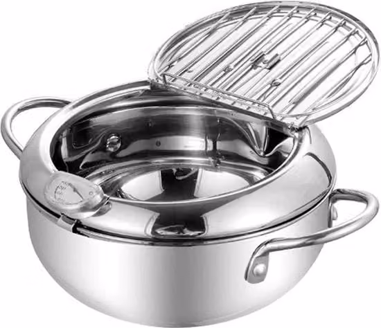 Friteuse in acciaio inossidabile 2,5L con coperchio e griglia di drenaggio rimovibile - inclusa termometro per friteuse