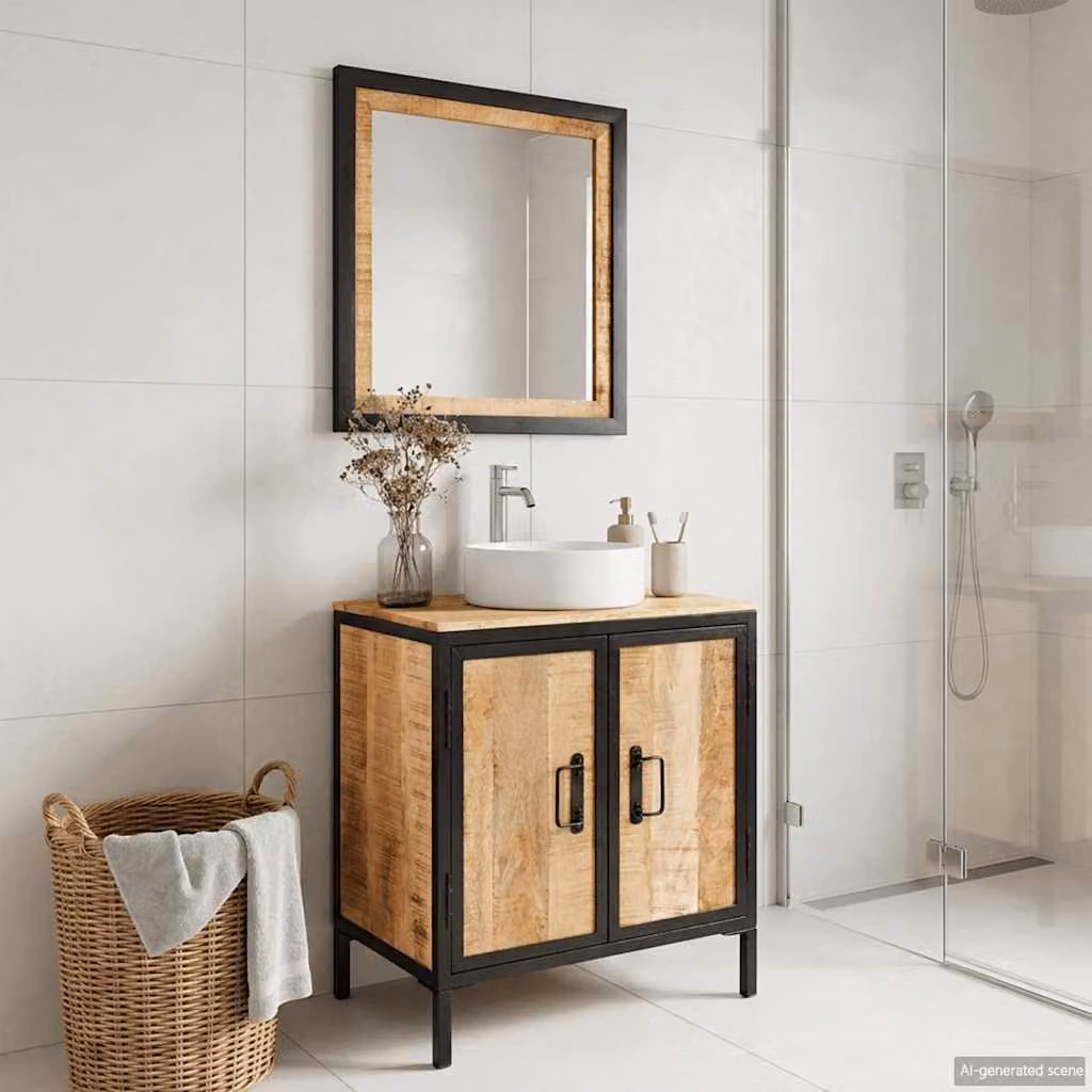 Set di mobili da bagno vidaXL in stile industriale composto da mobile lavabo e armadietto specchio in legno di mango e metallo, colore marrone