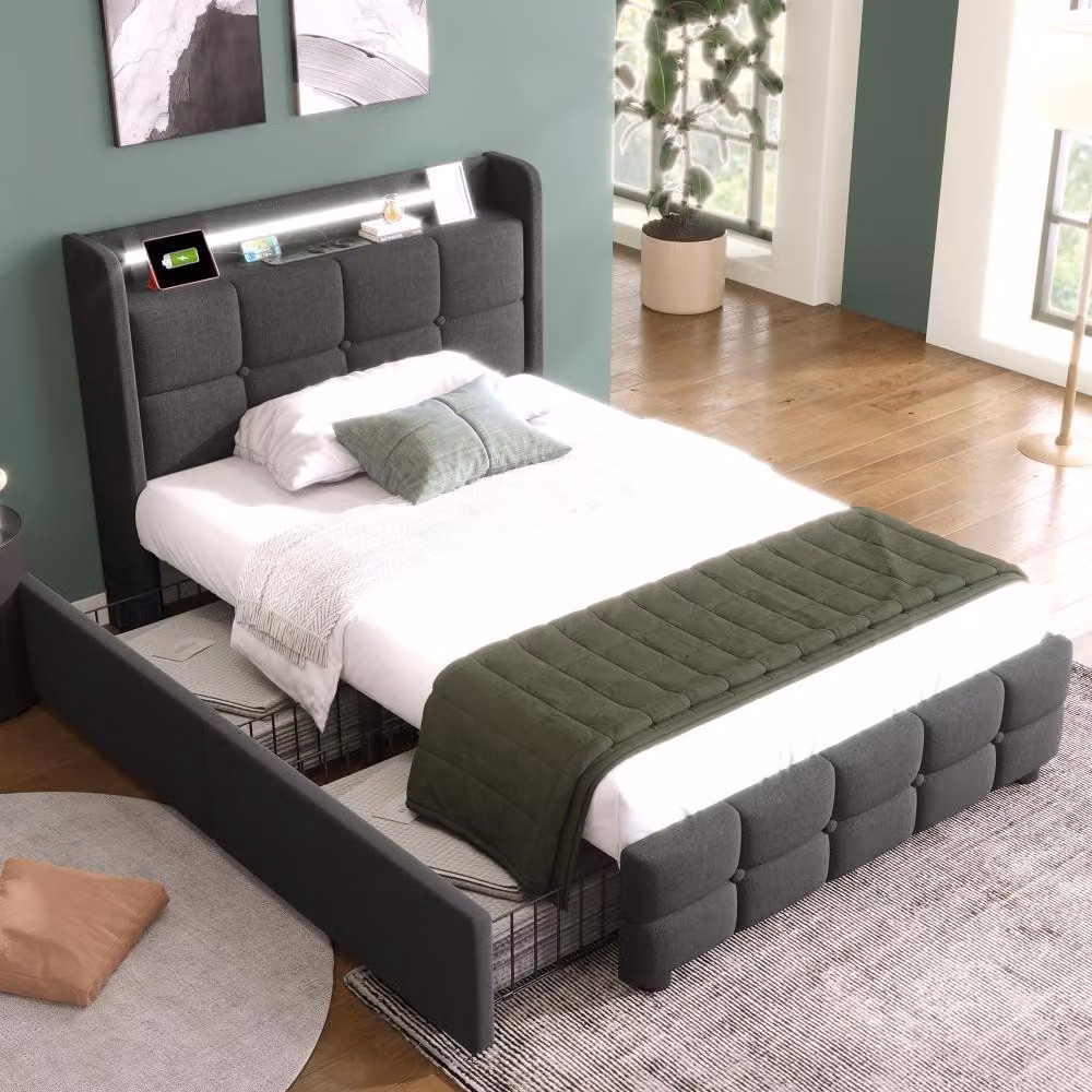 Letto imbottito 90x200 cm con funzione di ricarica USB, illuminazione LED e 2 cassetti, struttura del letto con rete a doghe in legno e testiera, ideale per la camera da letto
