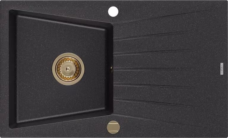 Mexen Cesar lavello in granito a 1 vasca con scolapiatti 775 x 470 mm, nero/argento metallico, sifone dorato - 6514771010-73-G