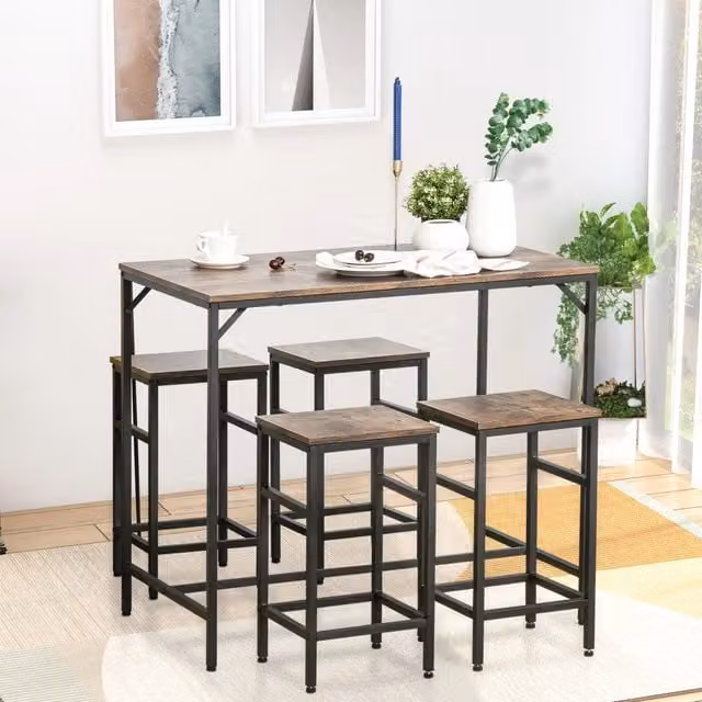 Set tavolo bar OKWISH con 4 sgabelli in stile industrial, struttura in legno e metallo, colore marrone