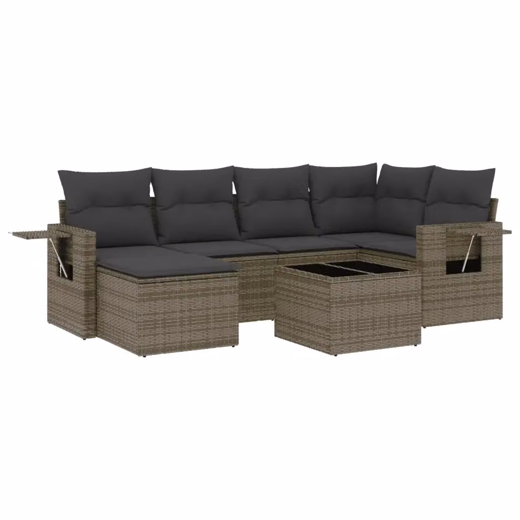 Set di divani da giardino vidaXL in polyrattan grigio con cuscini, tavolino e pouf, 7 pezzi – 2