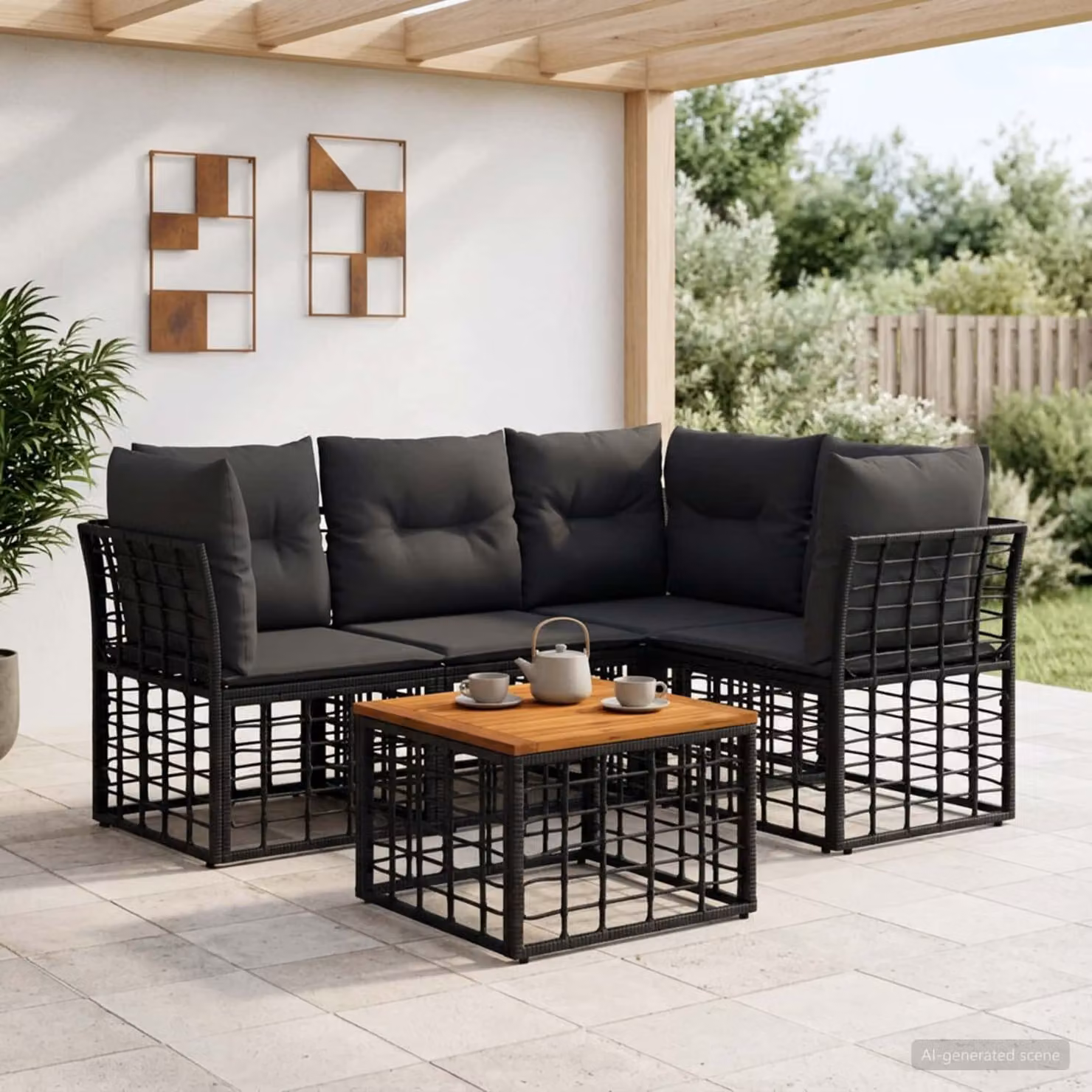 vidaXL Set di divani da esterno a L composto da 5 pezzi con tavolino, colore nero e grigio, struttura in metallo e tessuto in poliestere con cuscini inclusi