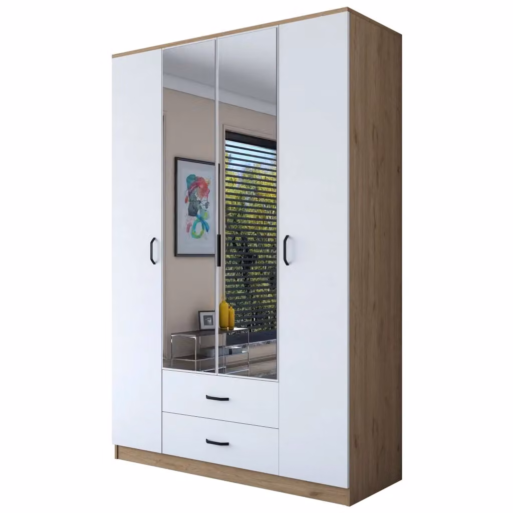 Armadio da camera da letto DMORA con ante scorrevoli, specchio e illuminazione LED, bianco opaco, H: 210 cm x L: 210 cm – 2