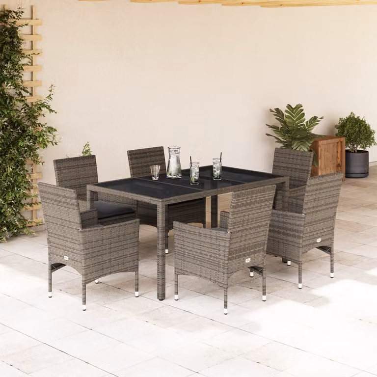 vidaXL Set da Pranzo da Giardino 7 pz in Polyrattan Grigio con Vetro e Cuscini