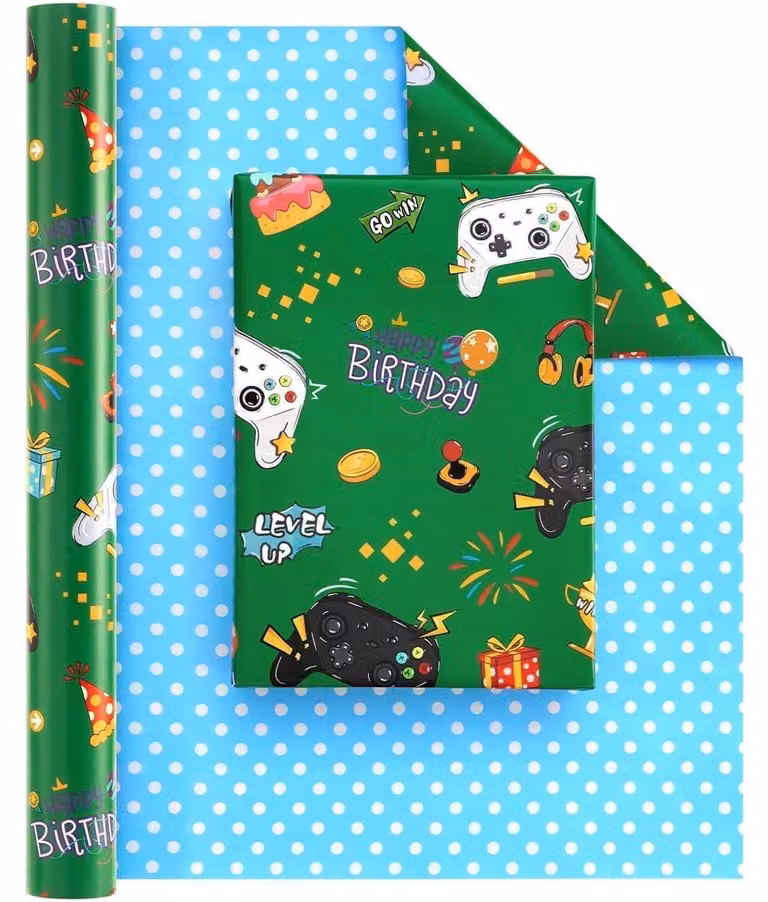 Carta da regalo per videogiochi, 1 rotolo, 43 cm x 10 m, fronte/retro, motivo: pois verdi e blu