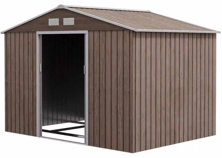 Capanno per attrezzi 4,9 m², capanno da giardino con tetto spiovente, porta scorrevole, fondazione, 277 x 195 x 192 cm, capanno per attrezzi in acciaio zincato, resistente alle intemperie, per giardino, marrone chiaro