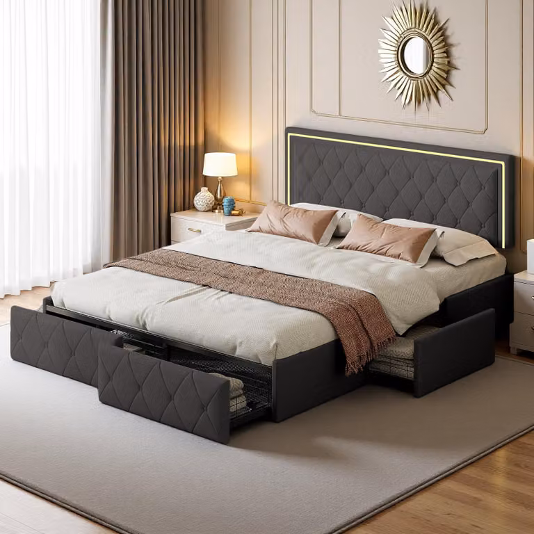 Letto imbottito ProximaX 140x200cm, letto matrimoniale con e 4 cassetti, letto contenitore letto giovanile con rete a doghe e led, letto funzionale letto in legno massiccio, PU, grigio