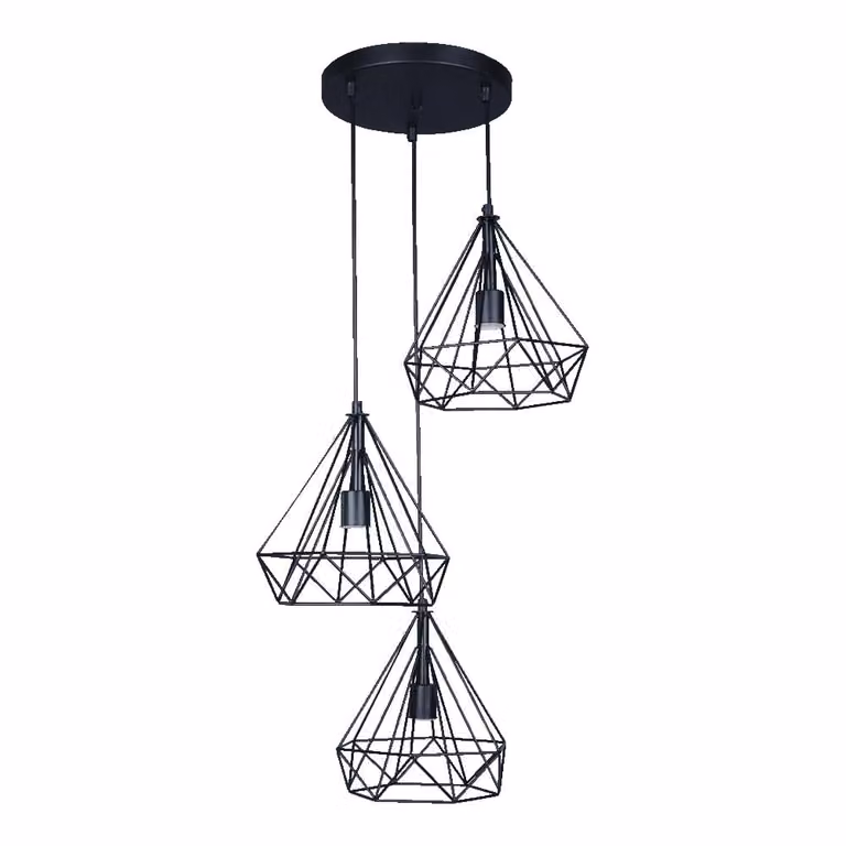 Lampada a sospensione RIANO, 3 attacchi E27/40W, metallo nero. Dimensioni: lunghezza 30 cm, larghezza 30 cm, altezza 80 cm. Dimmerabile