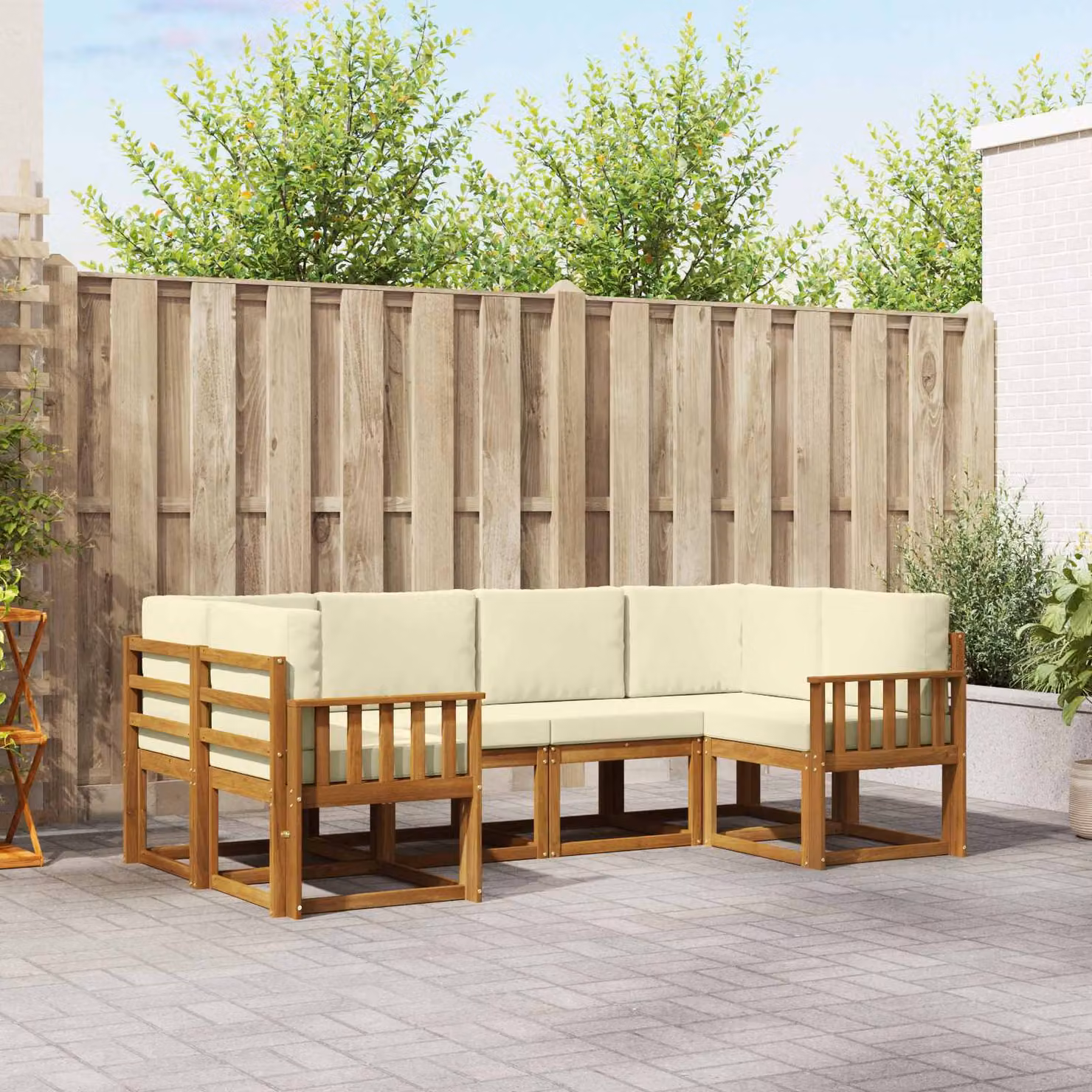 Set di divani da esterno vidaXL a forma di L composto da 6 pezzi in legno di acacia con cuscini inclusi, colore beige e marrone