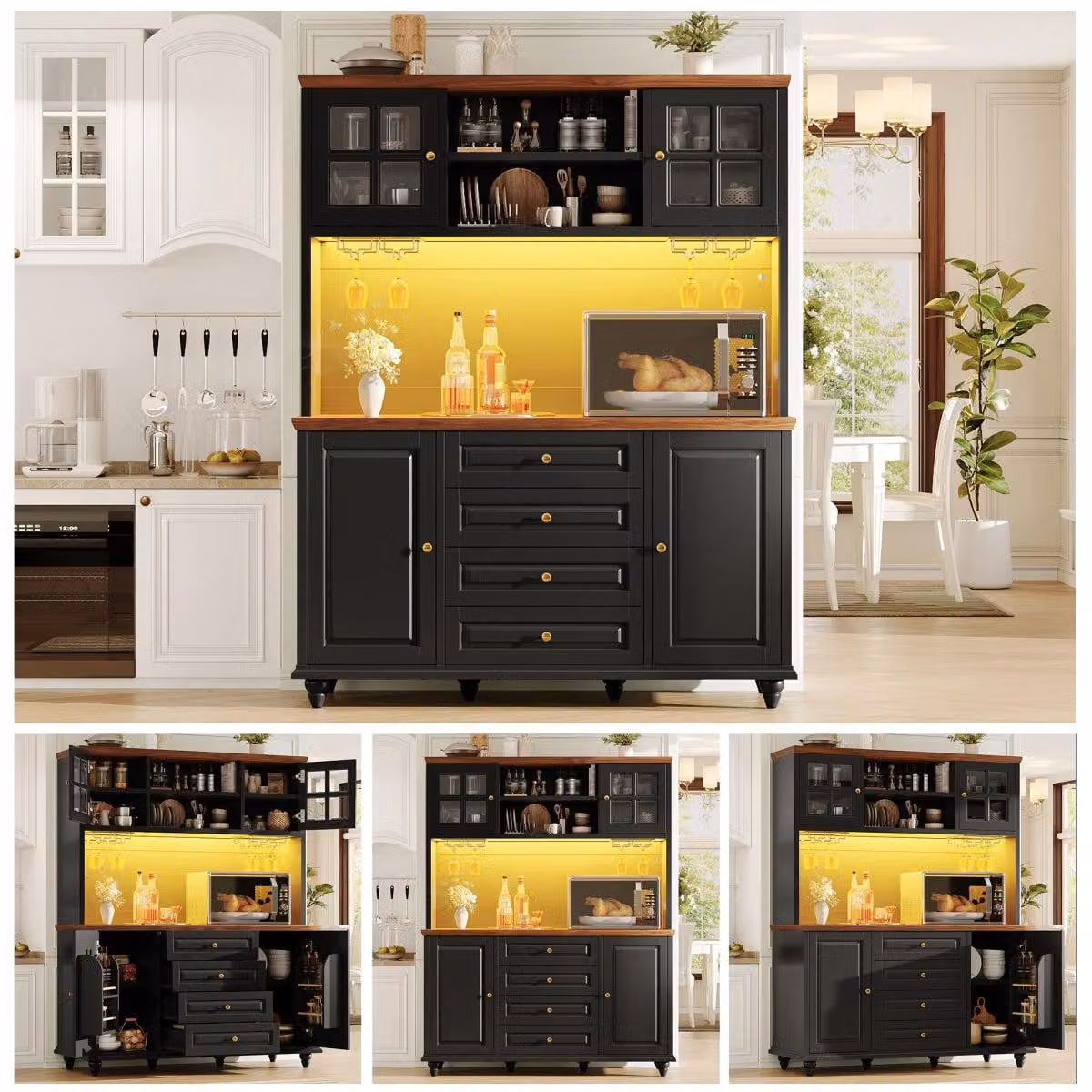 Mobiletto da cucina alto, nero, con illuminazione RGB a LED, gambe in legno di gomma, 4 cassetti e portabicchieri per vino, realizzato in MDF, dimensioni 140x40x179,5 cm