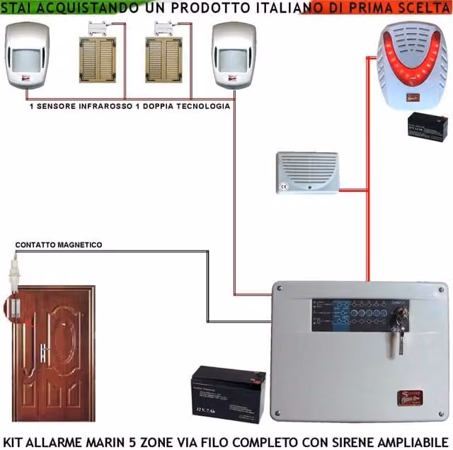 Impianto Antifurto Securvera Kit a 5 Zone con 2 Sensori di Movimento, 2 Contatti Magnetici, 1 Contatto per Infissi Metallici, Sirene Interne ed Esterne Lampeggianti e 2 Chiavi, Colore Bianco