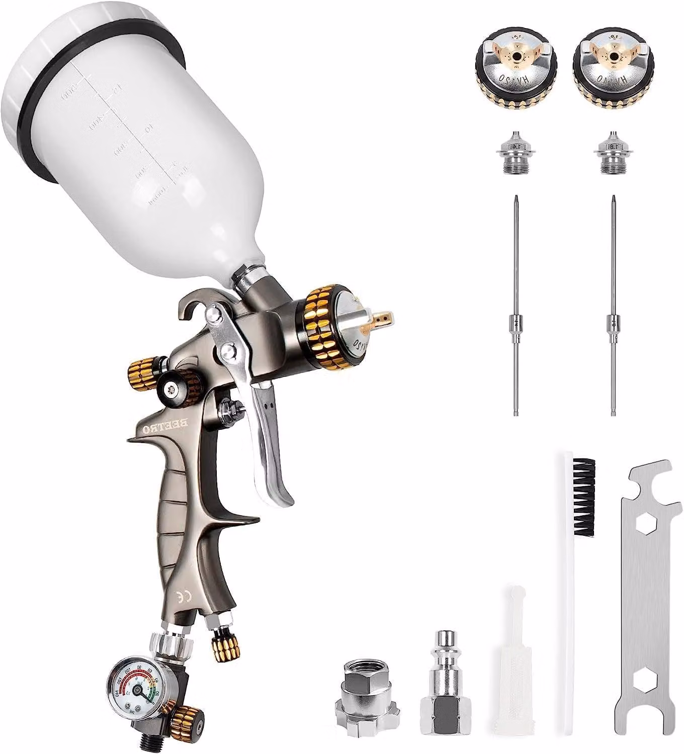 Pistola a spruzzo HVLP – Pistola per verniciatura – 600 ml, contenitore in nylon – Ugelli in acciaio inossidabile da 1,4 e 1,8 mm